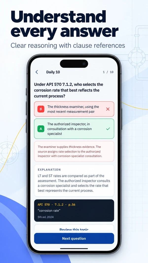 API 570 answer feedback with a correct answer, explanation and clause reference.