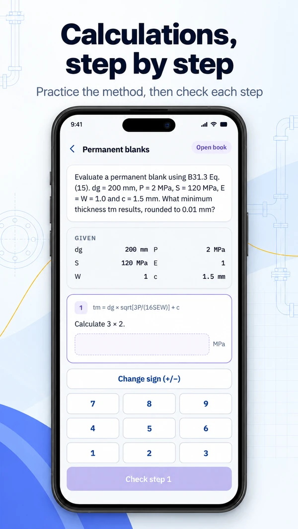 API 570 guided permanent-blank calculation with given values, a formula and number keypad.