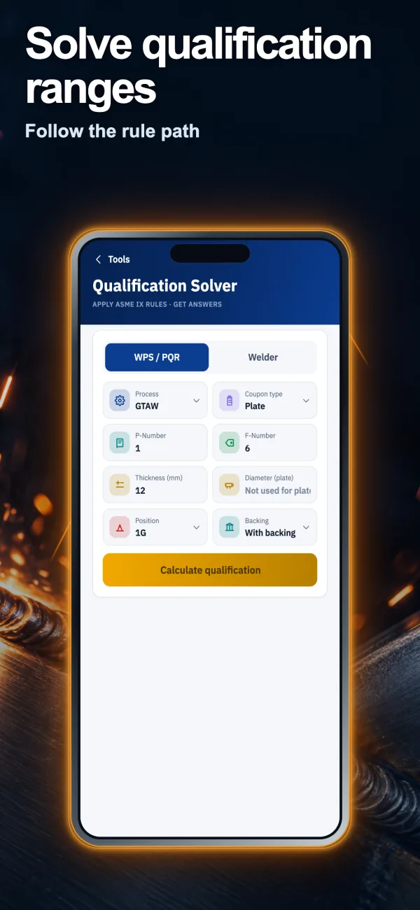 ASME IX qualification solver screen inside a phone frame on a welding backdrop.