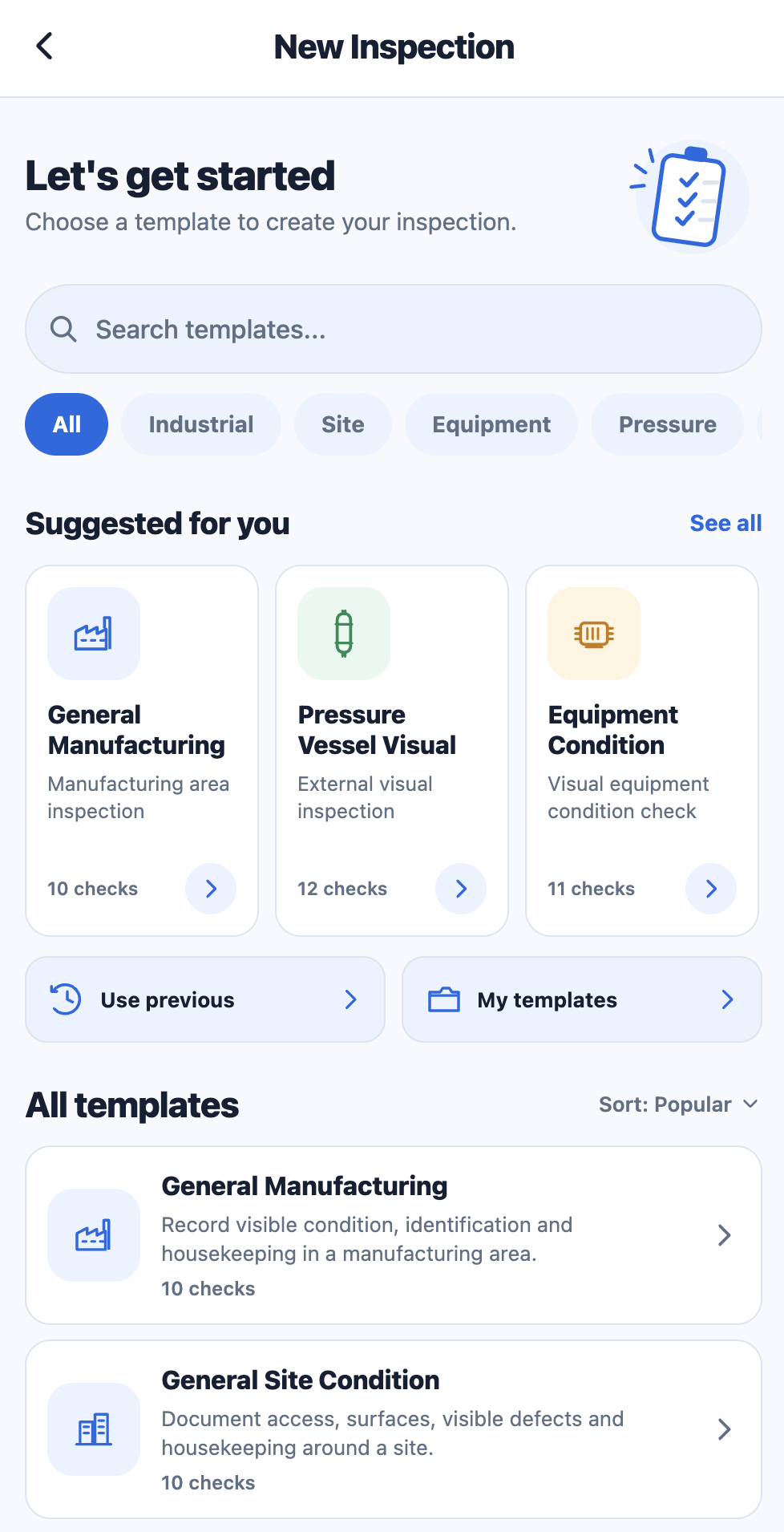 Inspection Report New Inspection screen with searchable templates and suggested checklists