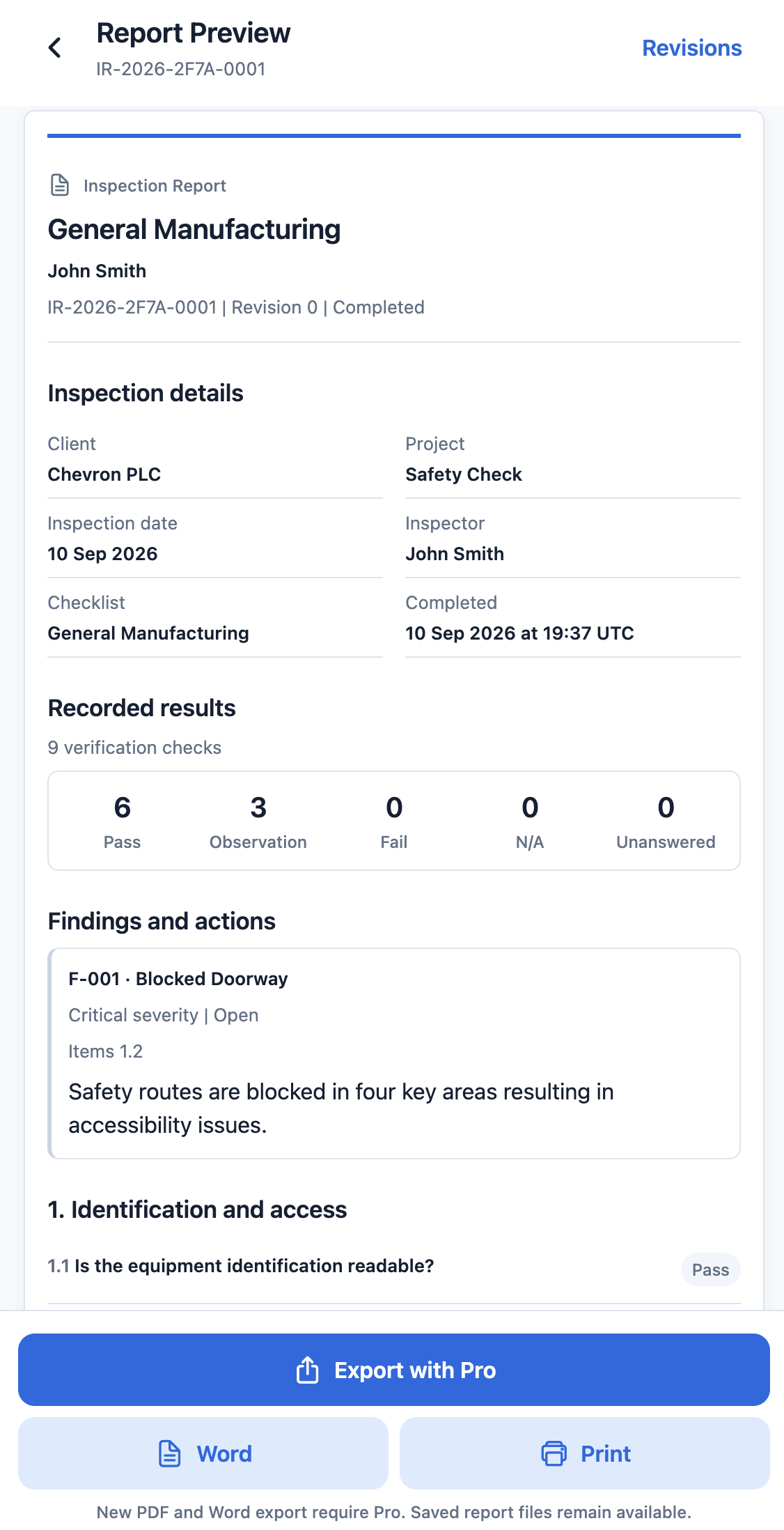 Completed Report Preview screen with recorded results, findings and export controls