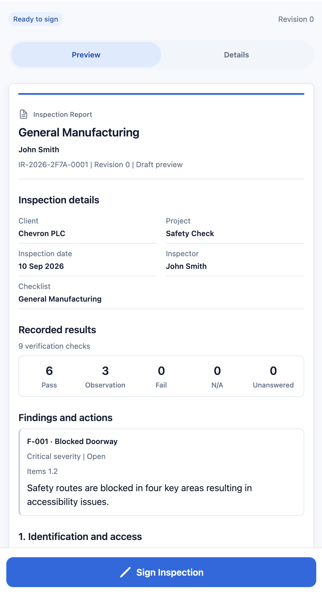 Inspection Report review screen showing recorded results and a finding before signing