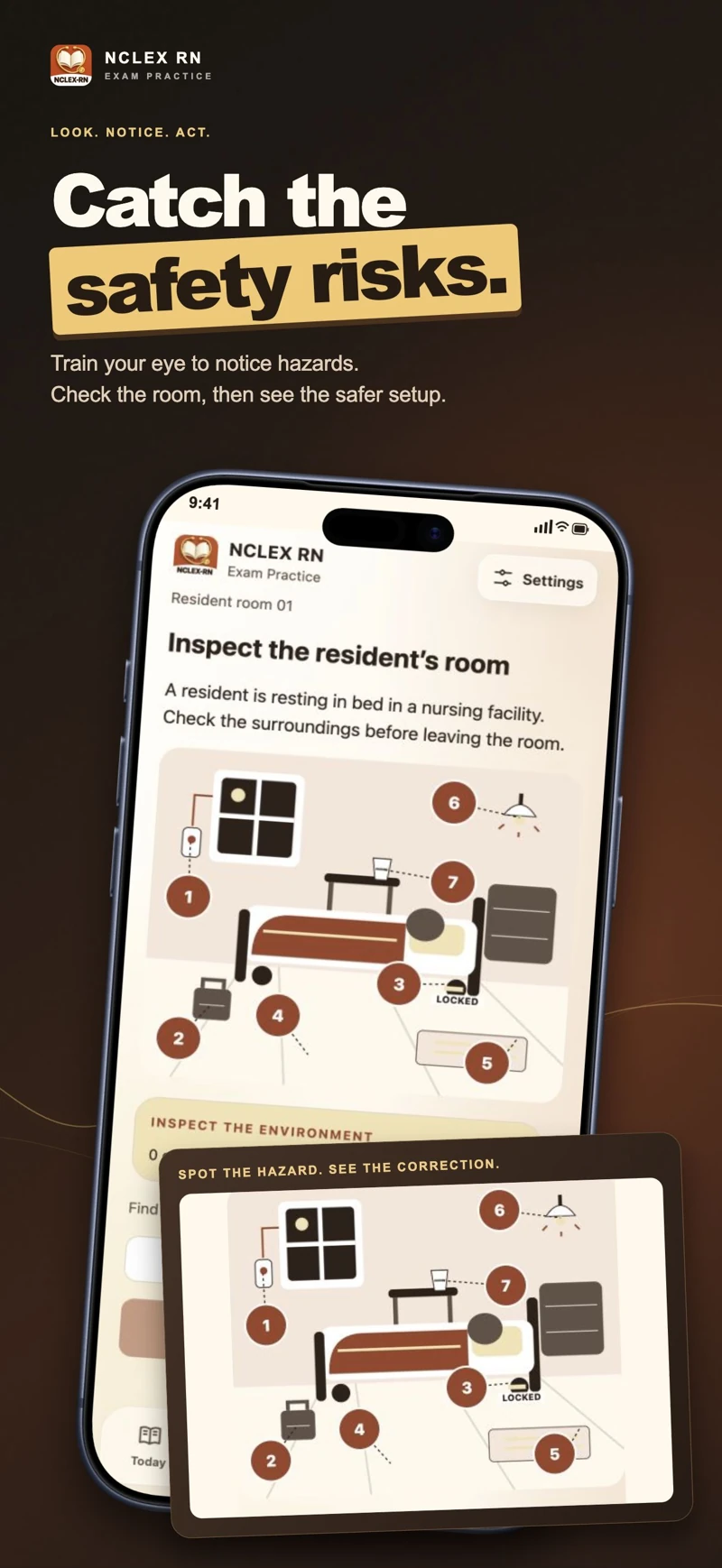 Catch the safety risks: the real room inspection task, with an enlarged room diagram