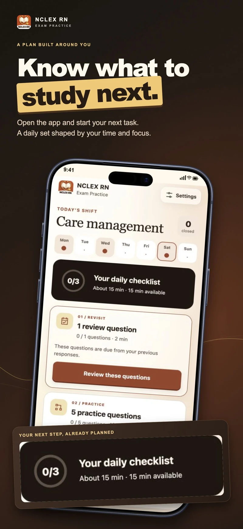 A daily shift organized around care management: review, a focused question set and a handover activity