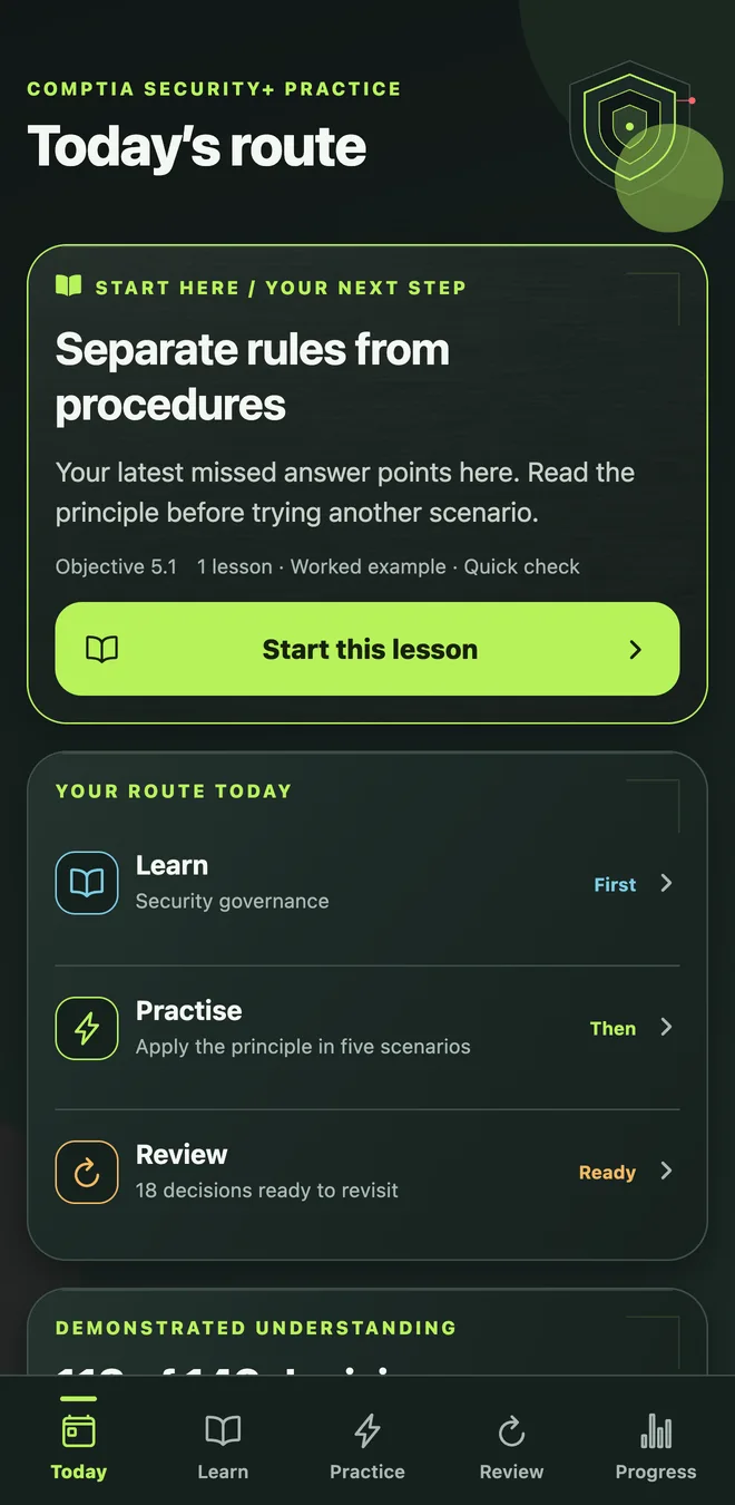 Actual Today screen showing a recommended lesson followed by practice